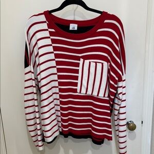 Cabi Red, White, and Black Striped Pocket Pullover Sweater Size Small
